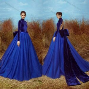 Royal Blue Velvet Women Prom Dress Tulle Sequins Sexy Backless Full Sleeves Bridal Party Gown Evening Gown Customized Skirt