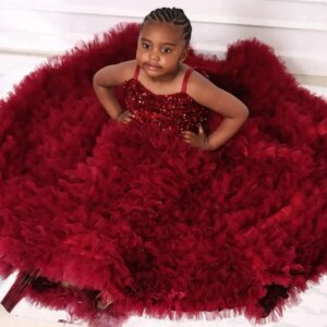Dark Red Sequined Girls Birthday Party Dresses Customized Ruffles Flower Girl Dresses Baby Kids Ball Gowns for Photo Shoot