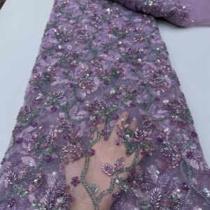 Latest French Beaded Lace Fabric 5 Yards 2024 High Quality Nigerian Sequins Lace Fabric African Lace Fabric For Wedding Party