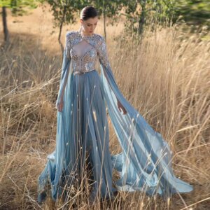 L483 Customized Blue Chiffon Tow Pieces Crystal  فساتين السهرة vestidos de fiesta  فساتين سهره evening dre