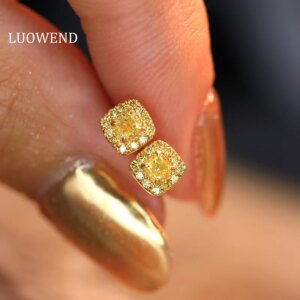 LUOWEND Real 18K Yellow Gold Earrings Yellow Diamond Earring Engagement Party Jewelry Classic Square Design