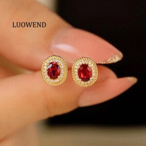 LUOWEND 100% 18K Yellow Gold Earrings Classic Style Shiny Diamond Natural Ruby Stud Earrings for Women High Wedding Jewelry