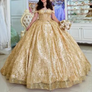 Gold Shiny Princess Quinceanera Dresses Off Shoulder Beads Sequin Applique Lace Bow Tull Sweet 16 Dress Ball Gown Vestidos 15