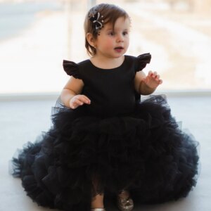 Black Flower Girl Dresses for Wedding High-Low Length Pleated Elegant Girl Kids Birthday Party First Holy Communion Gown