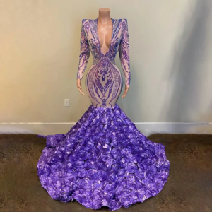 Fashion Appliques Evening Dresses Purple V-Neck Flowers Mermaid Party Gowns Exquisite Long Sleeves Sweep Train Prom Dresses