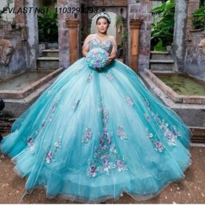 EVLAST Customized Glitter Mint Quinceanera Dress Ball Gown 3D Floral Applique Beading Corset Sweet 16 Vestido De 15 Anos E1Q158