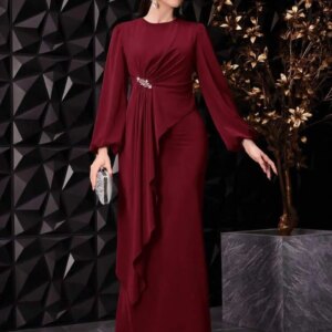 Customized Formal Jersey Crystal Evening Dresses Temperament Long Sleeves O-neck Prom Dress Custom Made Bespoke Occasi