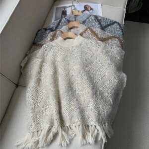 Autumn Women’s Wool Hollow Sequin Pullover Sweater Tassel Loose Cape Shawl B*C