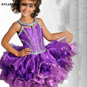 EVLAST Customized Purple Ruffles Flower Girl Dress Wedding Crystal Beaded Little Girls Boho Pageant First Communion Gowns FD23