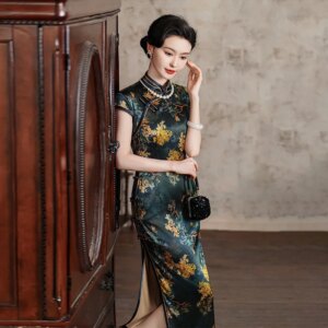 High Quality Improved Cheongsam Real Silk New Summer Dark Green National Style Retro Dress Chinese Women’s High-End 2024 Long