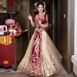 Chinese Traditional Wedding Suit Men Women Long Cheongsam Dress Stylish Elegant Bride Dragon Phoenix Vintage китайская одежда