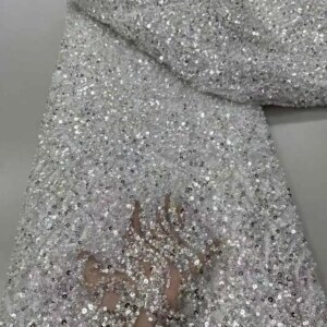 Luxury Beaded Lace Fabric Bridal Fabric 2025 High-end Wedding Fabrics French Nigerian Sequins Beads Embroidered on Tulle 5 Yards