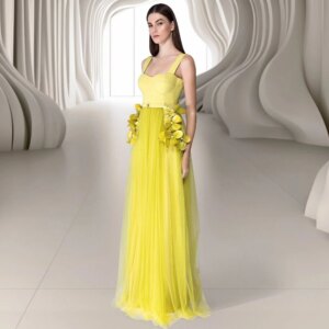 Customized Tulle Flower Pleat Party Straight Square Neck Bespoke Occasion Gown Long Dresses