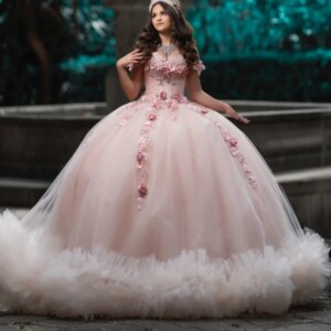 Pink Shiny Quinceanera Dresses Ball Gown Off The Shoulder Applique Flower Beading Crysral Tull Party Birthday Sweet 16 Dress Ves