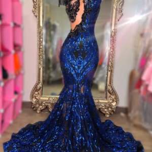 Blue African American Prom Dresses For Black Girls Mermaid Sparkly Beaded Women Elegant Robe De Soiree Evening Gown Customized