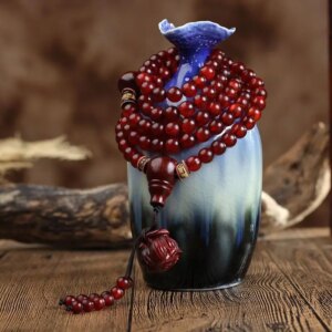 Authentic Tibetan Red Horn 108 Pieces Bracelet Buddha Beads Women’s with Lobular Lotus Seedpod Qin Blood Old Horn Hand Jewelry