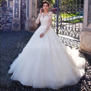 Gorgeous Bespoke Wedding Dress with Sweep Train O-Neck Appliques Tulle and A-LINE Bridal Dresses customized