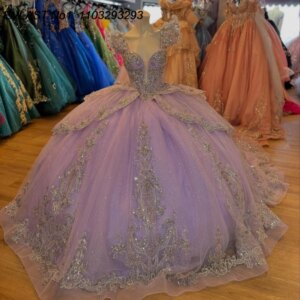 EVLAST Customized Shiny Lilac Quinceanera Dress Ball Gown Silver Lace Applique Beading Tiered Sweet 16 Vestido De 15 Anos E1Q426