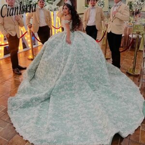 Mint Green Off The Shoulder Quinceanera Dresses Ball Gown Appliques Lace Sweet 15 Años Mexican Customized