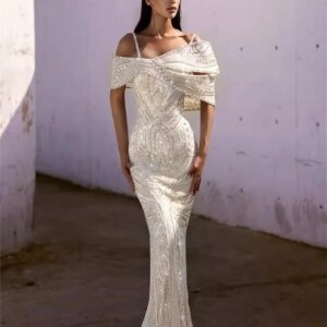 Arabic White Beaded Evening Dresses Customized Mermaid Long Cocktail Prom Dress 2025 Off Shoulder Party Dress Vestidos De Cóctel