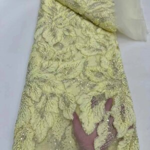 African 5 Yards Sequins Embroidery Lace Fabrics With Beads Red Sequins Tulle Lace Fabrics Beaded French Mesh For Sewing KB4660