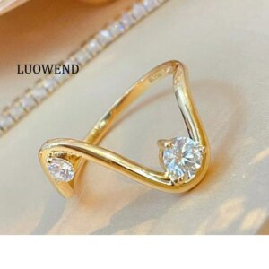 LUOWEND 100% 18K Yellow Gold Rings 0.35carat Real Natural Diamond Engagement Ring Romantic Style High Wedding Jewelry for Women