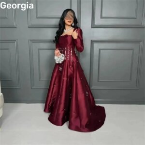 Customized Evening Dresses A-Line Square Neckline Floor-Length Beadings Wedding Dress Zipper Up Long Sleeves Formal Occasion