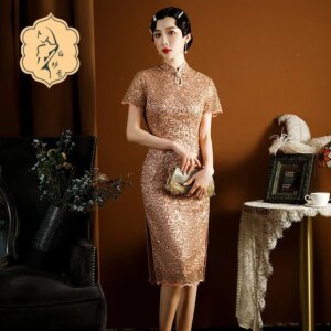Women’s lace beaded evening dress modified slim-fit cover buttock party