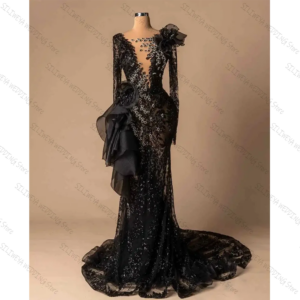 Elegant Black Mermaid Prom Dress Appliques Crystals Long Sleeve Gown Party Dresses Vestido De Noite Customized
