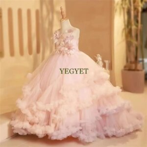 CustomizedLuxury Blush Flower Girl Dress Feathers Arabic Princess Kids Wedding Birthday Party Ball Gown Holy Communion
