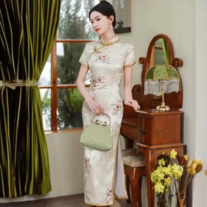 High-End Interwoven Cheongsam Qipao 2024 New Summer Women’s Chinese Retro Real Silk Dress Long