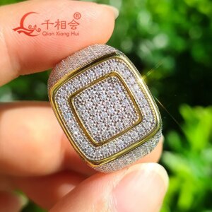 14.5mm Double Square yellow lines white Moissanite half band Ring Men Sterling 925 Silver Engagement Male Wedding Jewelry