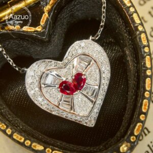 Aazuo Fine Jewerly 18K White Gold Natural Ruby Real Diamonds Classic Heart Shape Necklace Gifted For Women Birtthday Party