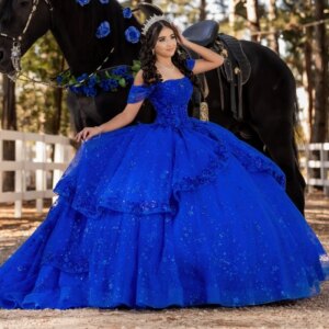 Royal Blue Shiny Quinceanera Dresses Ball Gown Off The Shoulder Applique Lace Beads Tull Party Birthday Sweet 16 Dress Vestidos