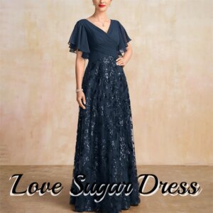 Sequin Long Mother of the Bride Dresses V Neck Wedding Party Gowns For Women Chiffon Pleated Cap Sleeves robes invitée mariage