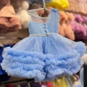 Flower Girl Dress Princess Blue Tulle Puffy Tiered Pearls Belt Sleeveless For Wedding Birthday Party Banquet Princess Gowns