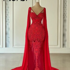 Long Cape Chiffon Sleeve Evening Dress Red Lace Beaded Wedding Party Gowns Mermaid Bridal Dress Dubai Customize Formal Gowns