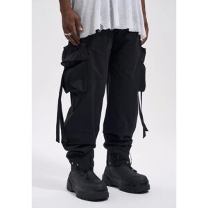 High Street Designer Wear Washed-out Vintage Ribbon Style Dark Fashion Men’s Loose Casual Working Pants