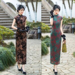 Retro Ethnic Style Long Shoulder Sleeve Cheongsam Qi Pao Spring and Summer New Fashion Improvement Chinese Middle-Aged Elderly