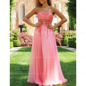 Pink Tulle Appliques Prom Dresses For Women Elegant Strapless Sleeveless Floor Length A-Line Dress Formal Cocktail Party Gown