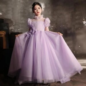 Jill Wish Elegant Lilac Dubai Girl Dress Handmade Flowers Kids Princess Birthday Wedding Party Children Holiday Gown 2025 J262