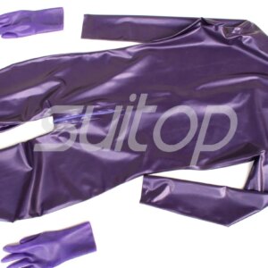 latex full cover zentai with zip back including socks hoods glove detached in Metallic purple hair hole
