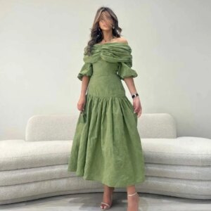 FLORINE TULIRAIN Off-the-shoulder Ruffle Green A-line Tea-length Chiffon Wedding Evening Dress Cocktail Prom Gown For Sexy Women