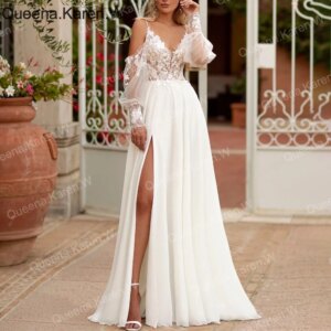 Elegant Boho A line Wedding Dress strap lace applique chiffon bride dress robe de mariee A line Wedding Bridal Gown