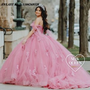 EVLAST Customized Shiny Pink Quinceanera Dress Ball Gown Lace Floral Applique Beading Corset Sweet 16 Vestidos De 15 Anos E3Q70