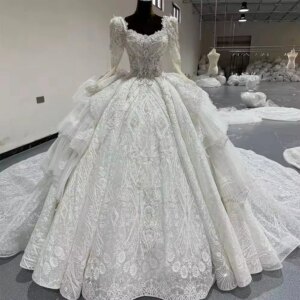 Robe Mariage Long Sleeves Sweetheart Beading Crystal Ball Gown Wedding Dress Lace Up Back Bridal Dress vestido de novia