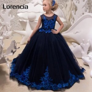 Lorencia Lovely Customized Ball Gown Flower Girl Dress For Wedding Tulle Royal Floral Applique Kids First Communion Gown YFD71