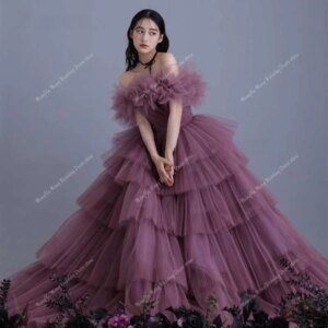 Luxury Dark Purple Tulle Tiered Wedding Dresses Korea Photoshoot Off Shoulder Sweep Train Bridal Gowns Evening Dress Customized
