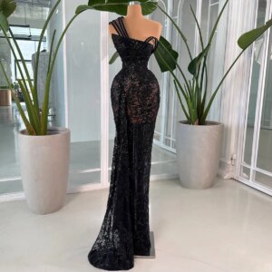 Elegant Black Lace Mermaid Prom Dress One-Shoulder Sleeveless Evening Dress Beaded Sequins Celebrity Dress Customized