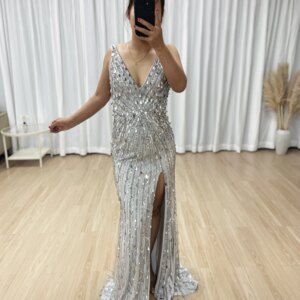 MYMB Stunning Silver Sequined Evening Gown Mermaid Prom Dresses with Sexy Slit Beading Graduation Birthday Party Gowns MB40366